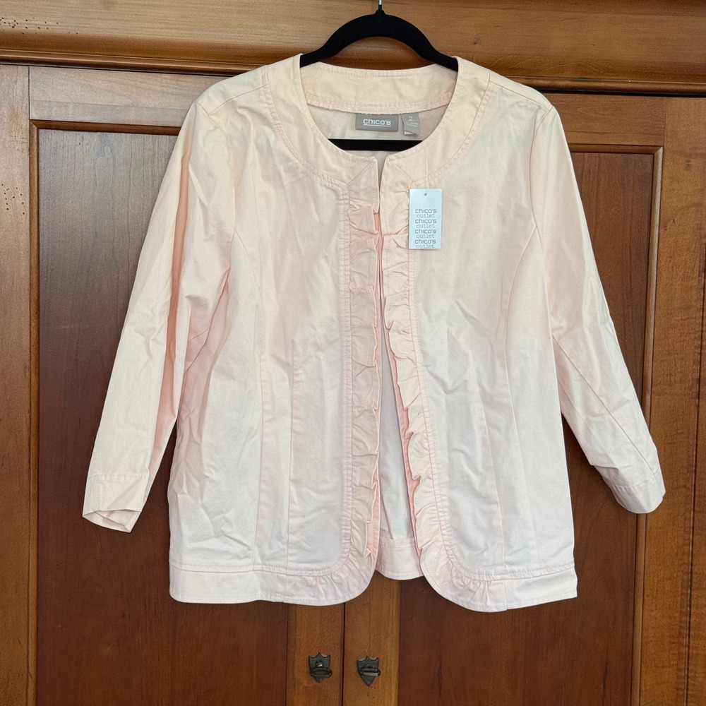 Chicos Waldorf Twill Jacket Shell Pink Ruffle Open Front 3/4 Sleeve Size Lrg NWT
